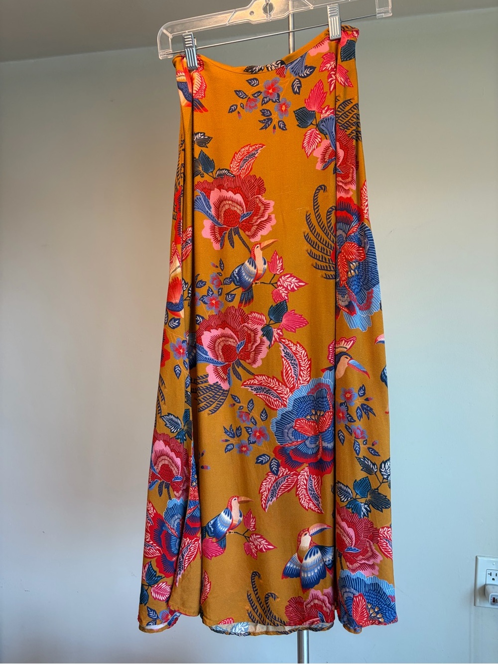 Farm Rio X Anthropologie Mustard Maxi Skirt with Pink and Blue Floral Bird Print - Picture 2 of 6
